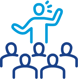 Support group icon Icon of a person speaking in front of an audience of 5 people
