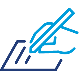 Icon of a hand holding a pen writing in a notepad