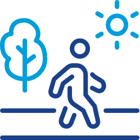 Icon of a person walking outside with tree and sun shining