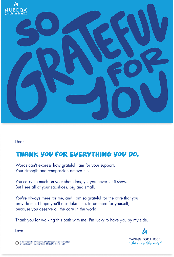 Card for caregiver with text of “So grateful for you”