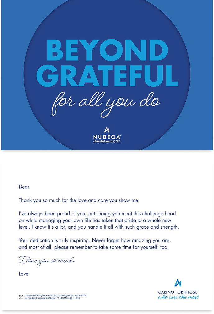 Card for caregiver with text of “Beyond grateful for all you do”