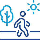 Icon of a person walking outside with tree and sun